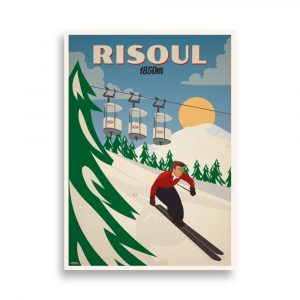 Poster vintage d'un skieur et de la station de Risoul dans les Alpes du Sud.