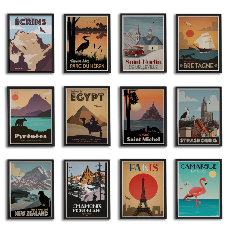 Assortment of vintage-style posters displayed together, featuring retro travel, pin-up, and classic art designs.