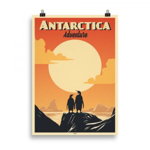Poster Travel Vintage 'Antarctica Adventure' - Aventure glaciale avec deux pingouins