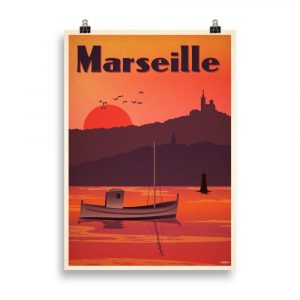 Vintage Poster: Capture the mesmerizing beauty of a 'Sunset over Marseille,' an evocative artwork that bathes the iconic cityscape in warm, golden hues