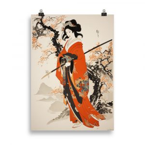 Ukiyo-e Art Print - Warrior Japan Girl: Experience the grace and strength of Japanese art with our mesmerizing Ukiyo-e poster, featuring a warrior girl in the traditional style.
