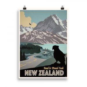 Vintage Travel Poster: Road to Mount Cook, New Zealand - Embark on a picturesque journey through New Zealand with this retro-inspired travel poster.