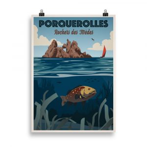 Affiche Vintage de Voyage de Porquerolles, Rochers des Mèdes - Explorez la beauté pittoresque de cette île méditerranéenne