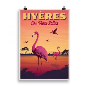 Poster Travel Vintage des Vieux Salins d'Hyères - Explorez la beauté des flamands roses dans ce paysage rétro capturé à travers une illustration captivante.