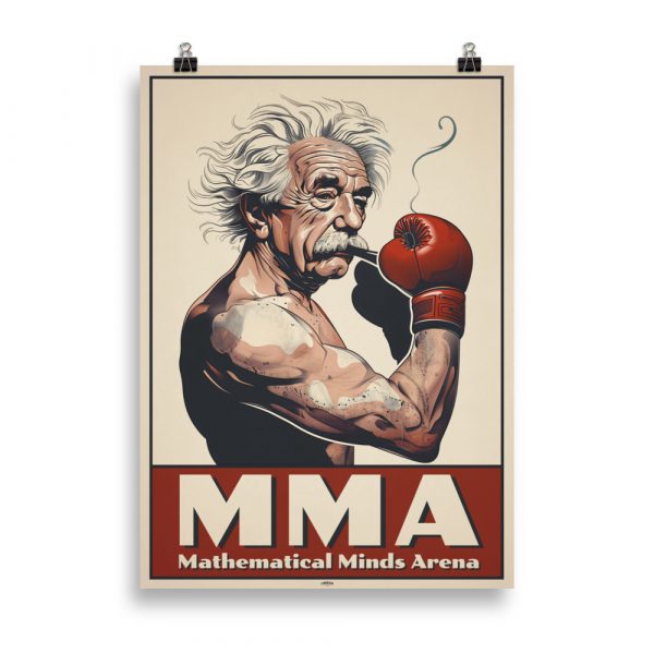 Vintage Humorous Poster 'Albert Einstein MMA' - A comedic illustration featuring Albert Einstein in the arena of mathematical minds.