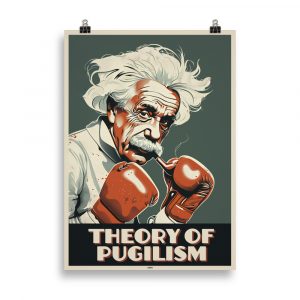 Poster Pop Art 'Albert Einstein - Theory of Pugilism' - Une œuvre vintage et humoristique représentant Albert Einstein en garde de boxe anglaise avec des gants de boxe.