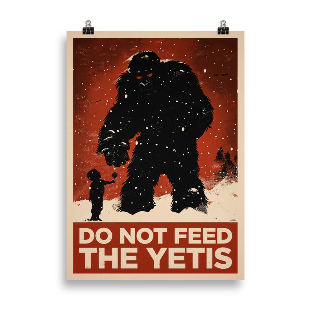 Humor Poster 'Do not Feed the Yetis' - A child offering a lollipop to a Yeti.