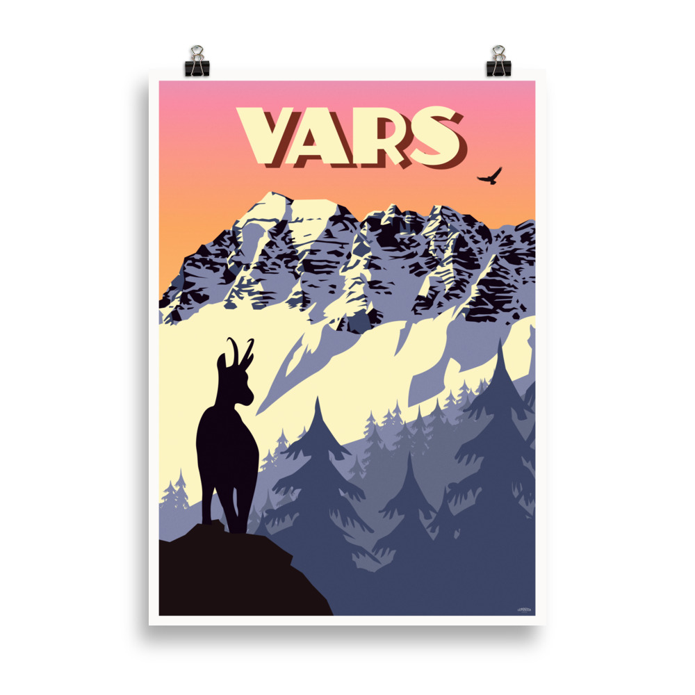 Vintage travel poster depicting the Eyssina ridges with a chamois silhouette in the foreground, set in Vars.