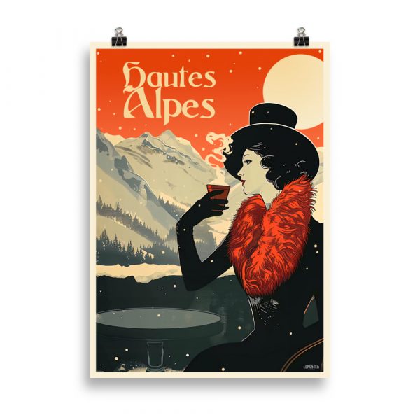 Vintage Art Deco Poster "Winter - Hautes Alpes" featuring a chic woman drinking a hot beverage