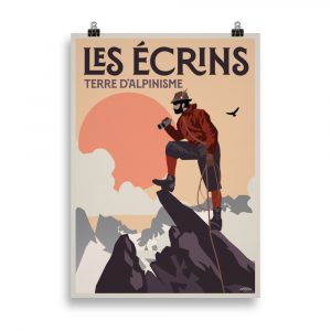 Un alpiniste des années 50 admire l'Ailefroide et le Coup de Sabre dans les Écrins, en arrière-plan montagneux.