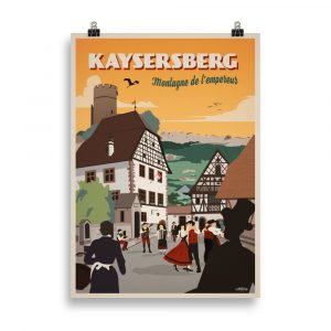 Vintage illustration of Kaysersberg showing the colorful timber-framed village nestled in the mountains with the imperial castle in the background.
