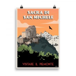 Vintage-style illustration of the Sacra di San Michele abbey perched on a rocky peak, with the Alps in the background.