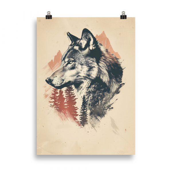 Dans un style pop art aux lignes marquées et couleurs vibrantes (bleus, oranges, violets), cette affiche met en scène un loup solitaire hurlant à la lune. L’arrière-plan, composé de montagnes stylisées et d’un ciel nocturne, renforce l’aura spirituelle et symbolique de l’animal.