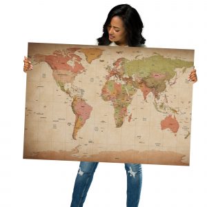 Geopolitical world map inspired by 20th-century atlases, showing countries, borders, and capitals, with graticule (latitudes/longitudes) and retro cartouche.