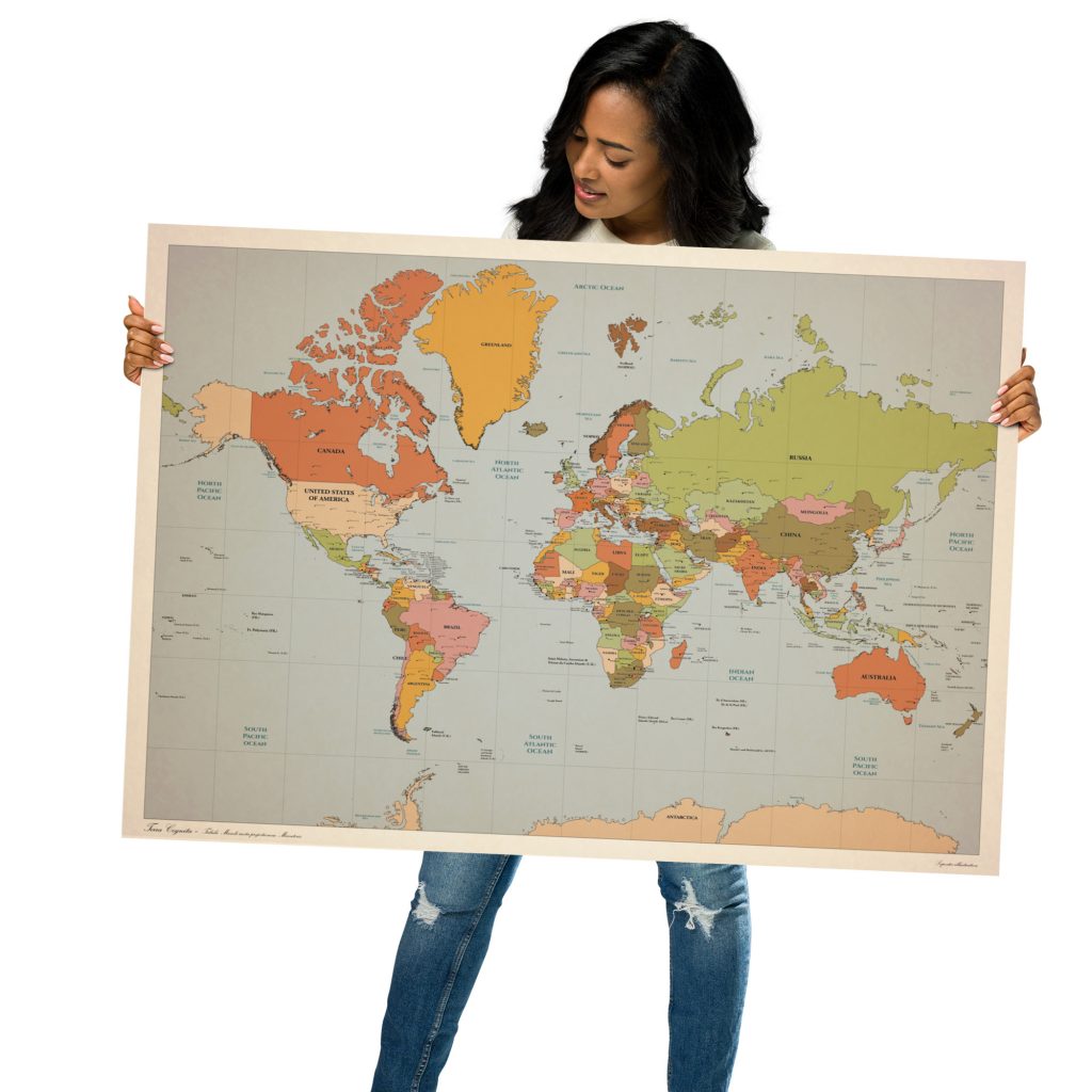 Vintage-style Mercator projection world map showing countries, borders, capitals, and graticule (latitudes and longitudes).