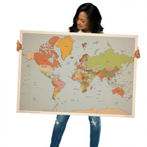 Vintage-style Mercator projection world map showing countries, borders, capitals, and graticule (latitudes and longitudes).
