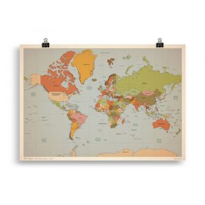 Carte du monde en projection Mercator, style vintage, représentant les pays, frontières et capitales avec graticule (latitudes et longitudes).