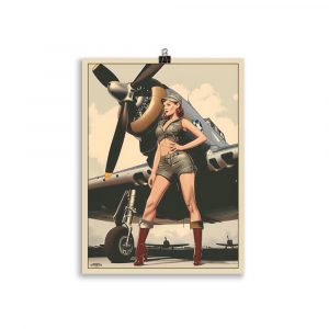 Retro illustration of a glamorous pin-up posing in front of an American WWII fighter plane.