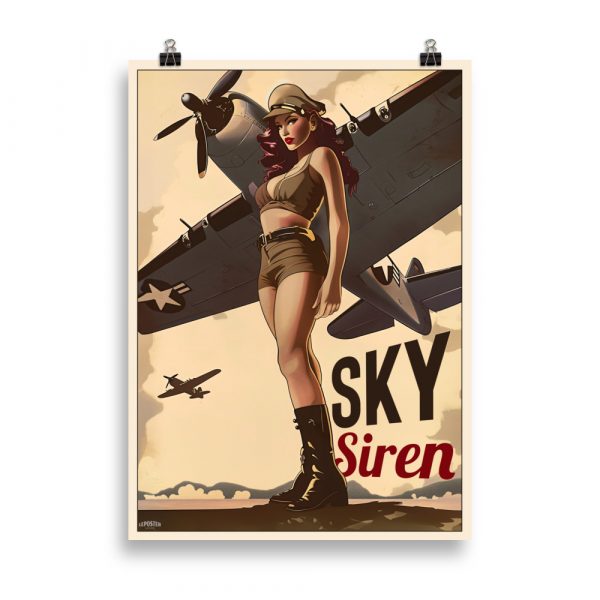 Illustration vintage d’une pin-up inspirée du style des années 1940 d’Earl MacPherson, posant sur un avion rétro avec un ciel bleu en arrière-plan.