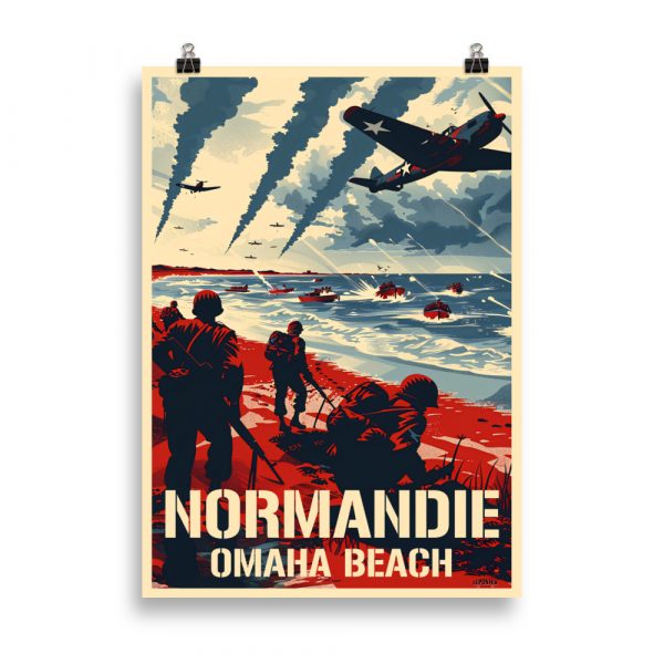 Vintage-style illustration depicting the June 6, 1944 D-Day landing on Omaha Beach, with soldiers and landing craft.