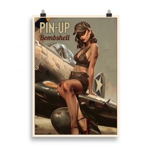 Vintage illustration of a glamorous pin-up sitting on an American World War II fighter plane.
