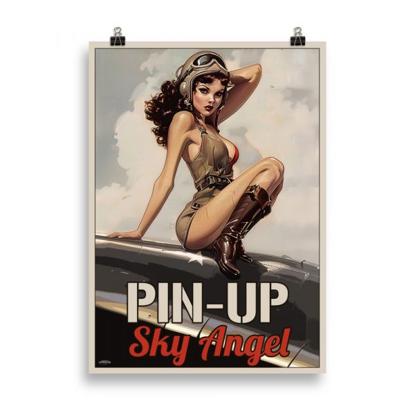 Illustration vintage d’une pin-up glamour posant sur un avion rétro avec un ciel lumineux en arrière-plan.