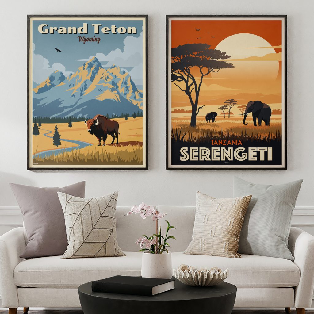Collection of vintage travel posters grouped by geographic destinations, featuring retro illustrations of famous places.