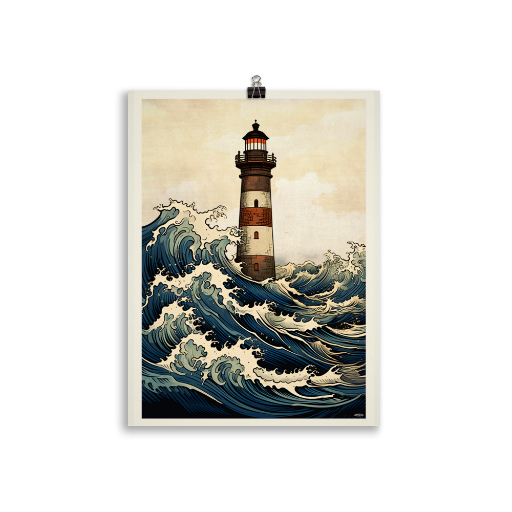 Poster Vintage " The Great Wave off Lighthouse" style Hokusai – Image 2