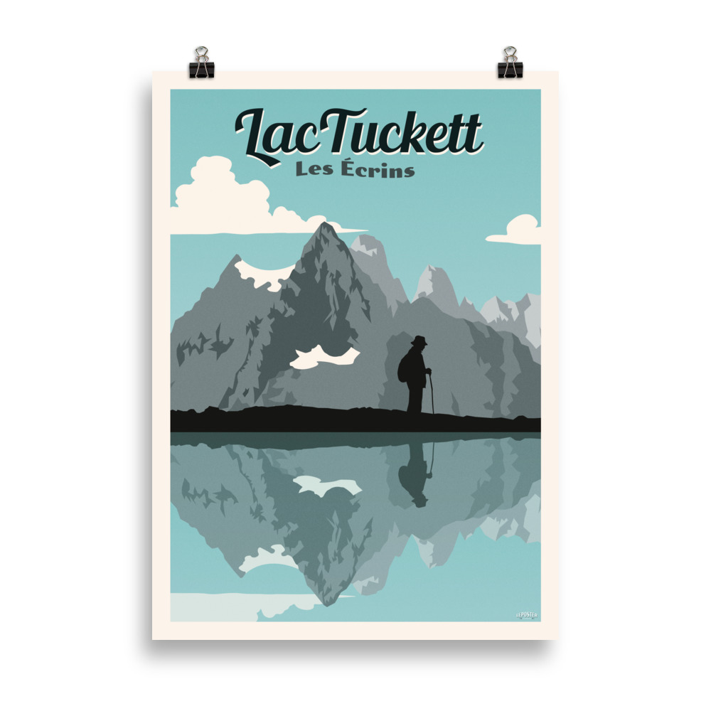 Affiche vintage représentant le Lac Tuckett dans les Écrins, avec ses eaux turquoise entourées de montagnes majestueuses.
