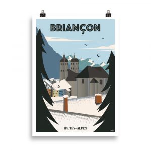 Affiche vintage représentant la ville fortifiée de Briançon avec ses remparts et les montagnes environnantes. Vintage poster depicting the fortified town of Briançon with its ramparts and surrounding mountains.