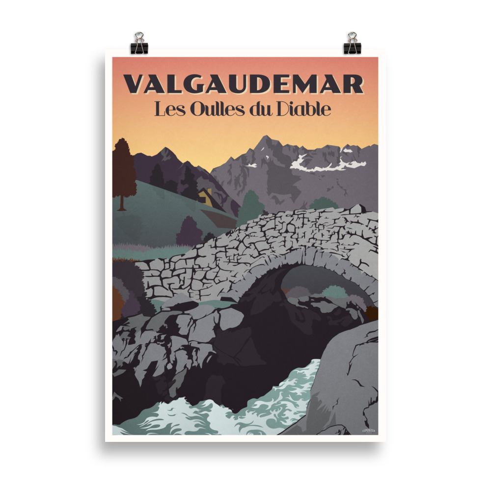Affiche vintage représentant les gorges des Oulles du Diable dans la vallée du Valgaudemar, avec un pont de pierre et des eaux tumultueuses. Vintage poster depicting the Oulles du Diable gorges in the Valgaudemar valley, featuring a stone bridge and rushing waters.