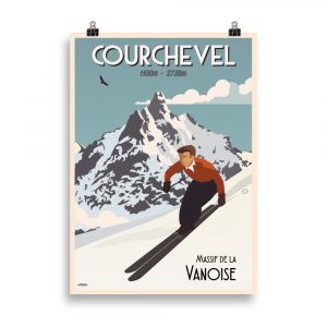 Affiche vintage représentant la station de Courchevel avec un skieur en premier plan et les montagnes enneigées du massif de la Vanoise en arrière-plan. Vintage poster depicting the Courchevel ski resort with a skier in the foreground and the snowy Vanoise mountains in the background.