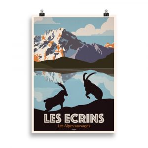 Affiche vintage représentant les sommets des Écrins dans le Parc National, avec des montagnes imposantes et des vallées verdoyantes. Vintage poster depicting the peaks of Les Écrins in the National Park, with towering mountains and green valleys.