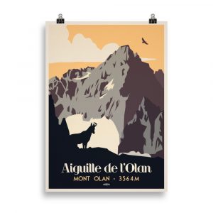 Affiche vintage représentant les Aiguilles de l'Olan dans le massif du Valgo avec un chamois au premier plan et les sommets rocheux en arrière-plan. Vintage poster depicting the Aiguilles de l'Olan in the Valgo mountains with a chamois in the foreground and rocky peaks in the background.