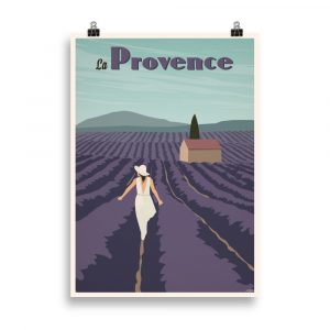 Affiche vintage représentant un champ de lavande en Provence avec des collines en arrière-plan sous un ciel bleu lumineux. Vintage poster depicting a lavender field in Provence with hills in the background under a bright blue sky.