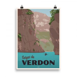 Affiche vintage représentant un kayakiste naviguant dans les gorges du Verdon avec les falaises vertigineuses en arrière-plan. Vintage poster depicting a kayaker paddling in the Verdon Gorge with towering cliffs in the background.
