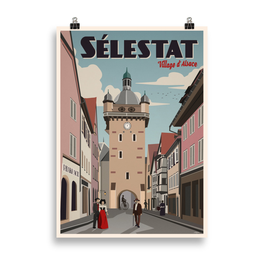 Affiche vintage représentant la ville de Sélestat en Alsace, avec la Tour Neuve au premier plan et les toits typiques de la vieille ville en arrière-plan. Vintage poster depicting the town of Sélestat in Alsace, with the New Tower in the foreground and the traditional rooftops of the old town in the background.