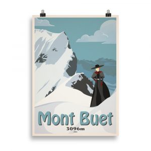 Affiche vintage représentant une alpiniste contemplant le sommet du Mont Buet, surnommé « le Mont Blanc des Dames », dans une atmosphère lumineuse de haute montagne. Vintage poster showing a female mountaineer admiring the summit of Mont Buet, known as “The Ladies’ Mont Blanc,” bathed in bright alpine light.