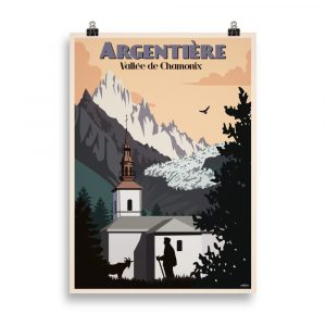 Affiche vintage représentant le village d’Argentière avec son église pittoresque au premier plan et le glacier majestueux en arrière-plan, sous un ciel alpin lumineux. Vintage poster showing the village of Argentière with its charming church in the foreground and the majestic glacier in the background under a bright alpine sky.