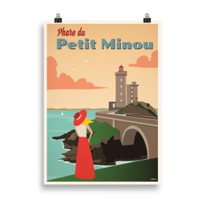 Affiche vintage représentant le phare du Petit Minou à Brest, perché sur un îlot rocheux, relié à la côte par une passerelle de pierre, sous un ciel marin coloré. Vintage poster showing the Petit Minou lighthouse in Brest, standing on a rocky islet connected to the coast by a stone bridge, beneath a colorful maritime sky.