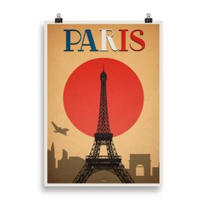 Affiche vintage représentant la Tour Eiffel dominant Paris, avec en premier plan les toits de la capitale et un ciel coloré dans des tons chauds et rétro. Vintage poster depicting the Eiffel Tower towering over Paris, with the city rooftops in the foreground and a warm, colorful retro sky.