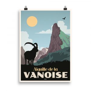 Affiche vintage représentant l’Aiguille de la Vanoise, sommet emblématique, avec ses rochers escarpés et les montagnes environnantes sous un ciel clair. Vintage poster showing the Aiguille de la Vanoise, an iconic peak, with its rugged rocks and surrounding mountains under a clear sky.