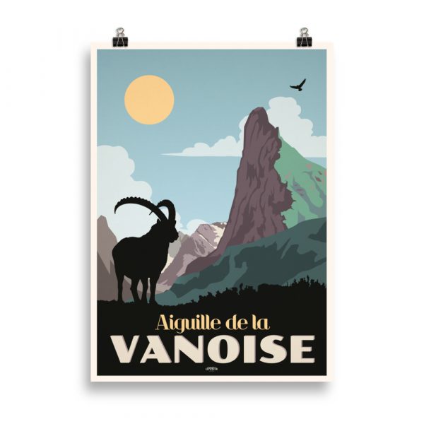Affiche vintage représentant l’Aiguille de la Vanoise, sommet emblématique, avec ses rochers escarpés et les montagnes environnantes sous un ciel clair. Vintage poster showing the Aiguille de la Vanoise, an iconic peak, with its rugged rocks and surrounding mountains under a clear sky.