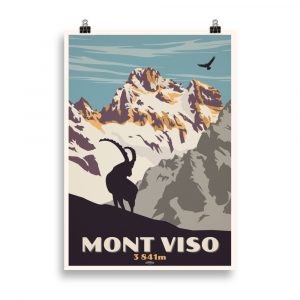 Affiche vintage représentant le Mont Viso avec un bouquetin au premier plan, surplombant les vallées alpines. Vintage poster showing Mont Viso with an ibex in the foreground, overlooking the alpine valleys.