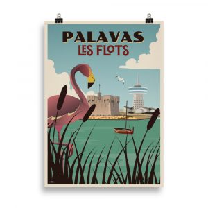 Affiche vintage représentant la plage de Palavas les Flots avec la mer en arrière-plan et un flamant rose au premier plan. Vintage poster showing Palavas les Flots beach with the sea in the background and a flamingo in the foreground.