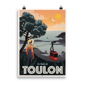 Affiche vintage représentant la rade de Toulon avec la mer, une femme et le téléphérique au premier plan. Vintage poster showing Toulon harbor with the sea, a woman, and the cable car in the foreground.