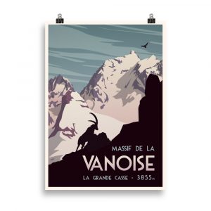 Affiche vintage représentant le sommet de la Grande Casse dans le Massif de la Vanoise avec un bouquetin au premier plan. Vintage poster showing the summit of La Grande Casse in the Vanoise Massif with an ibex in the foreground.