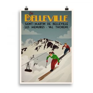 Affiche vintage représentant les pistes de ski des Belleville dans les 3 Vallées avec des skieurs en action. Vintage poster showing the ski slopes of Les Belleville in the 3 Valleys with skiers in action.