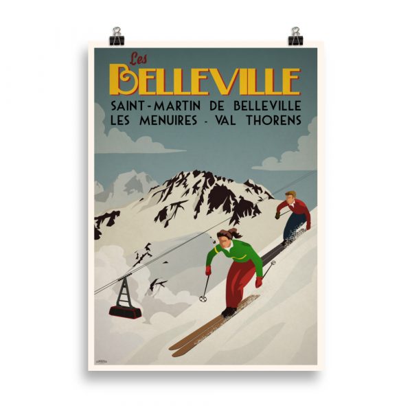 Affiche vintage représentant les pistes de ski des Belleville dans les 3 Vallées avec des skieurs en action. Vintage poster showing the ski slopes of Les Belleville in the 3 Valleys with skiers in action.