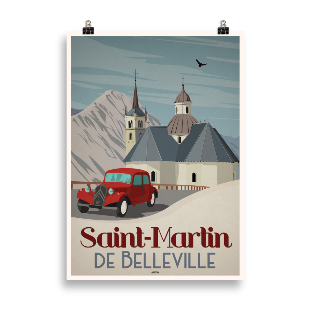 Affiche vintage représentant l’église de Saint Martin de Belleville avec une vieille voiture rétro au premier plan. Vintage poster showing the church of Saint Martin de Belleville with a retro car in the foreground.